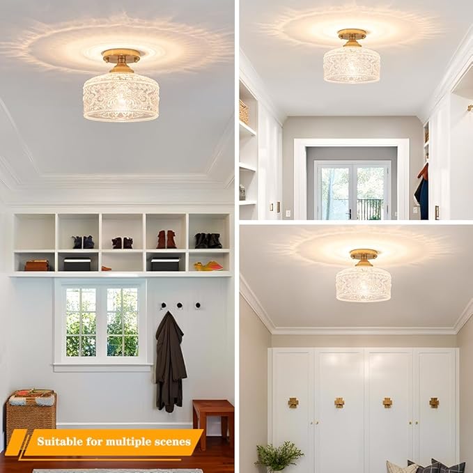 Gold Semi Flush Mount Ceiling Light, Antique Brass Ceiling Light with Glass, Indoor Close to Ceiling Light Fixture, Entryway Light Fixtures, Overhead Lighting for Hallway Kitchen Bedroom Dining Room
