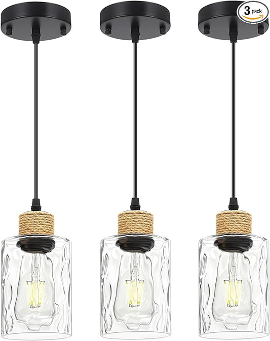 3 Pack Farmhouse Water Ripple Glass Pendant Lights for Kitchen Island, Black Kitchen Pendant Lighting, E26 Hanging Light Fixture for Dining Room, Bedroom, 41" Adjustable Cord, Bulb Not Include