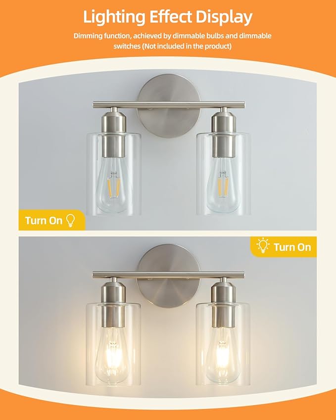 Bathroom Light Fixtures, 2-Light Brushed Nickel Vanity Lights for Bathroom, Modern Bathroom Lighting Fixtures Over Mirror with Clear Glass Shade, Wall Sconce Lighting for Hallway - 2Pack