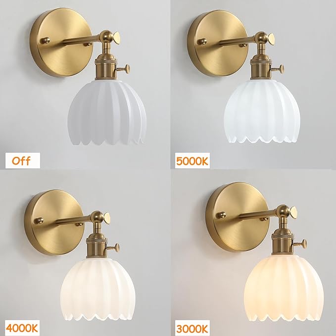1-Light Gold Brass Bathroom Light Fixture,Wall Sconces Set of 2,Brushed Gold Vanlity Light Over Mirror,Bathroom Vanity Light with White Glass Flower Shade,E26 Socket(Bulbs Not Included)