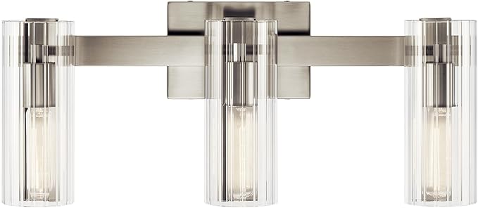 Kichler Jemsa 3-Light Bathroom Vanity Light Fixture, Modern Wall Mount with Clear Fluted Glass in Brushed Nickel for Powder Room or Mirror (9.75" x 22.75"), 55168NI