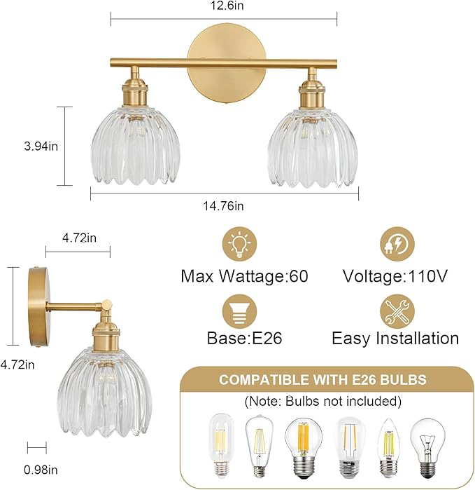 Gold Bathroom Light Fixtures Over Mirror, 2 Light Bathroom Vanity Light Fixture with Tulip Transparent Glass Lampshade, Vintage Vanity Lights for Bathroom, Bathroom Vanity Lights Over Mirror