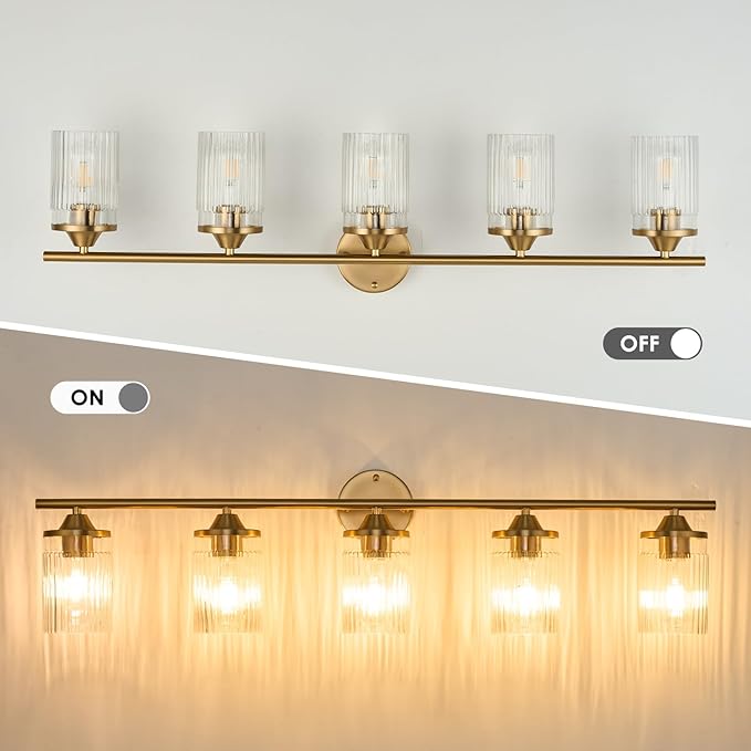 Jonsi Gold Bathroom Light Fixtures 5-Light Vanity Lights Modern Wall Sconce with Clear Glass Shade Brushed Brass Bathroom Light Fixture Over Mirror for Bedroom Hallway Kitchen