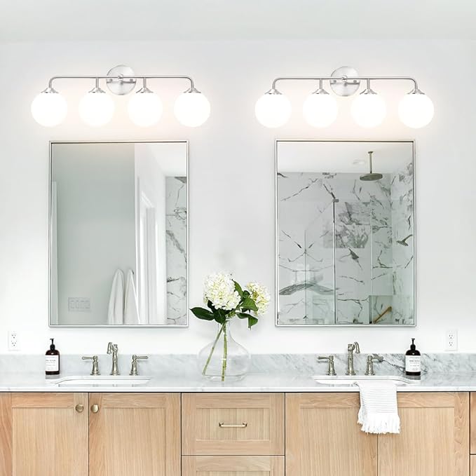 Modern 4-Lights Brushed Nickel Vanity Lights Over Mirror, Bathroom Lighting Fixtures with Milk White Globe Glass Shade, Industrial Bathroom Wall Sconce for Dressing Table Bedroom Living Room