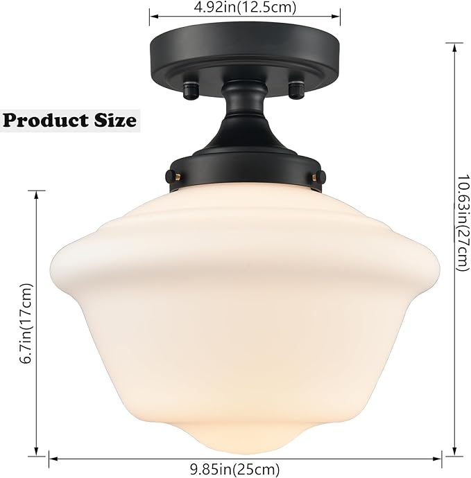 SAMTEEN Modern Black Semi Flush Mount Ceiling Light Schoolhouse Light Fixtures White Glass Ceiling Light Matte Black Flush Mount Light for Bedroom Hallway Kitchen Foyer Living Room