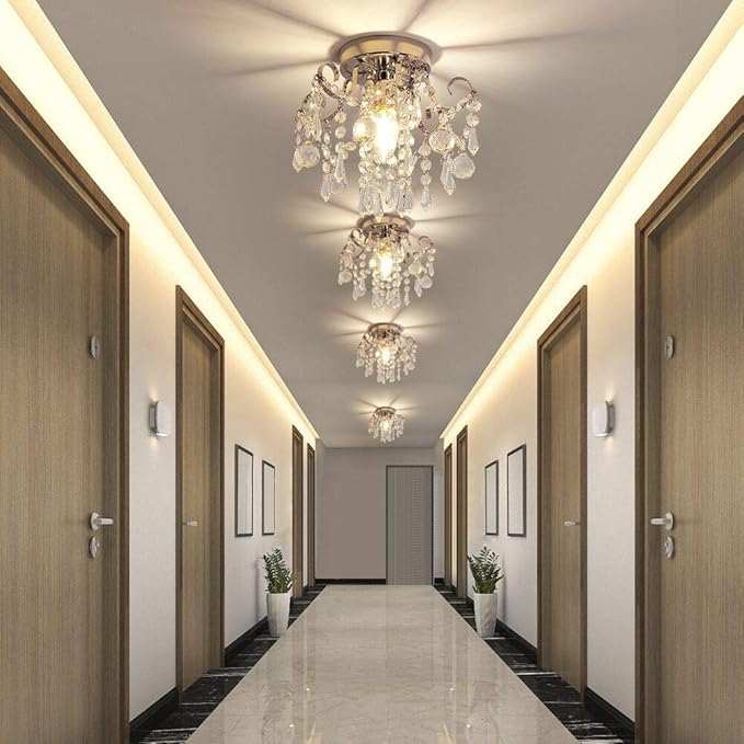 Q&S Small Crystal Chandelier,Flush Mount-Modern Mini Ceiling Light Fixture for Hallway/Entryway/Bedroom/Bathroom/Closet,Chrome Metal with K9 Crystal