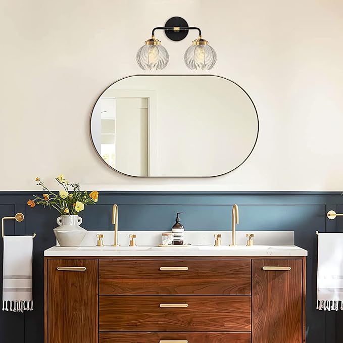 2 Light Bathroom Vanity Light Clear Glass Globe Wall Sconce Lights Black Wall Mount Light with Ribbed Glass Shade, Mid Century Modern Wall Sconce for Over Mirror Bedroom Hallway