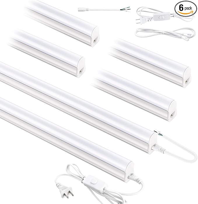 (6 Pack) 4FT T5 PRO LED Shop Lights, 2800LM 6500K Bright White LED Integrated Fixture, 20W Linkable Garage Light, Ceiling and Cabinet Light with ON/Off Switch, Workshop, Basement