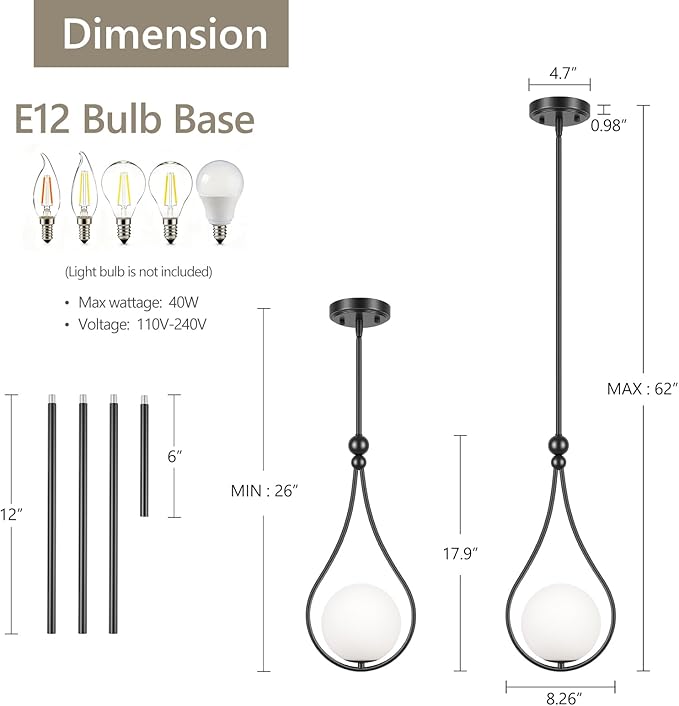 Black Pendant Lights with Milky White Globe Glass Pendant Lights Kitchen Island Adjustable Mid Century Hanging Pendant Light Fixtures for Kitchen Dining Room Entryway, 1 Pack