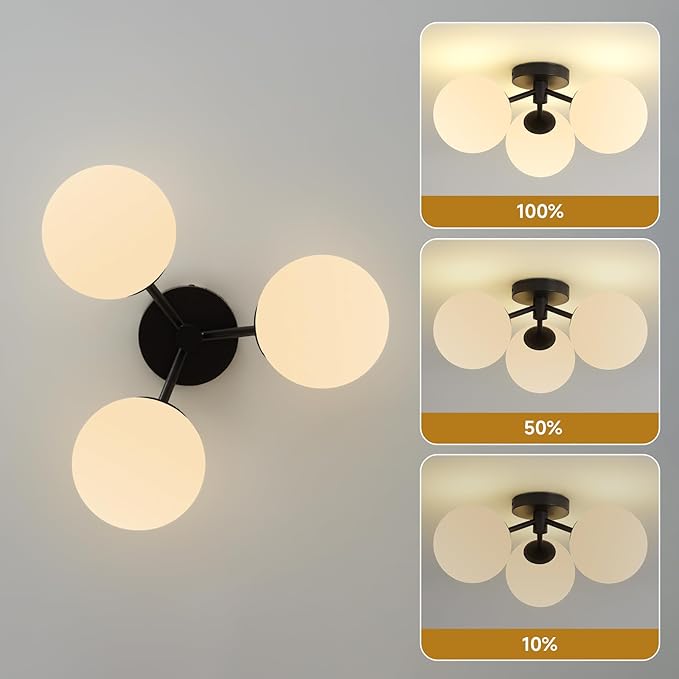 Black Globe Semi Flush Mount Ceiling Light Mid Century Modern Milk Glass Ceiling Light Fixture Linear Sputnik Matte 3 Lights Chandelier for Bedroom Living Room Entryway Dining Room Hallway