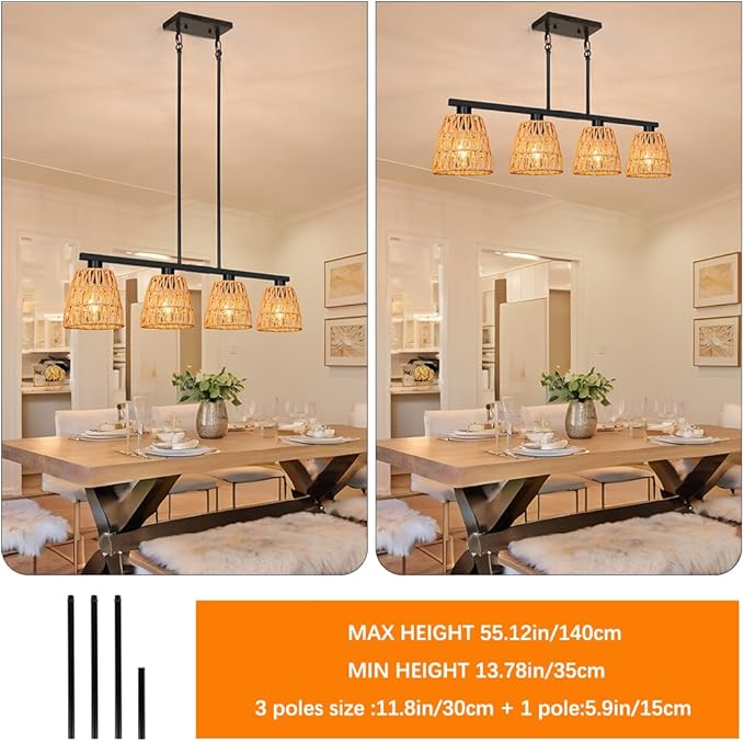 Black 4-Light Kitchen Island Lighting, Boho Rattan Dining Room Light Fixture, Farmhouse Island Light for Kitchen with Shade, Adjustable Linear Chandelier Pendant Lights Kitchen Island Over Bars, Table