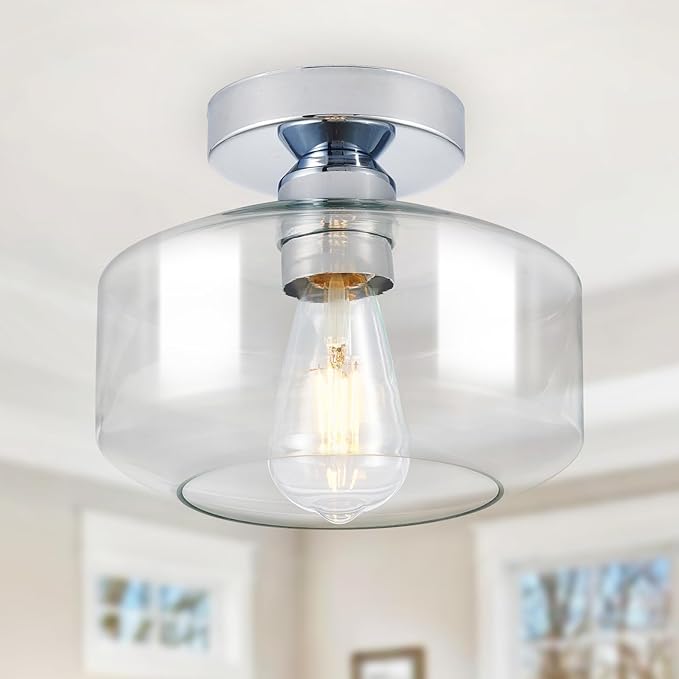 Industrial Semi Flush Mount Ceiling Light: Chrome Kitchen Lighting Fixtures Ceiling with Clear Glass - Vintage Hallway Light Fixtures E26 Bulb Included - 8.46” Light Fixtures Mount for Foyer