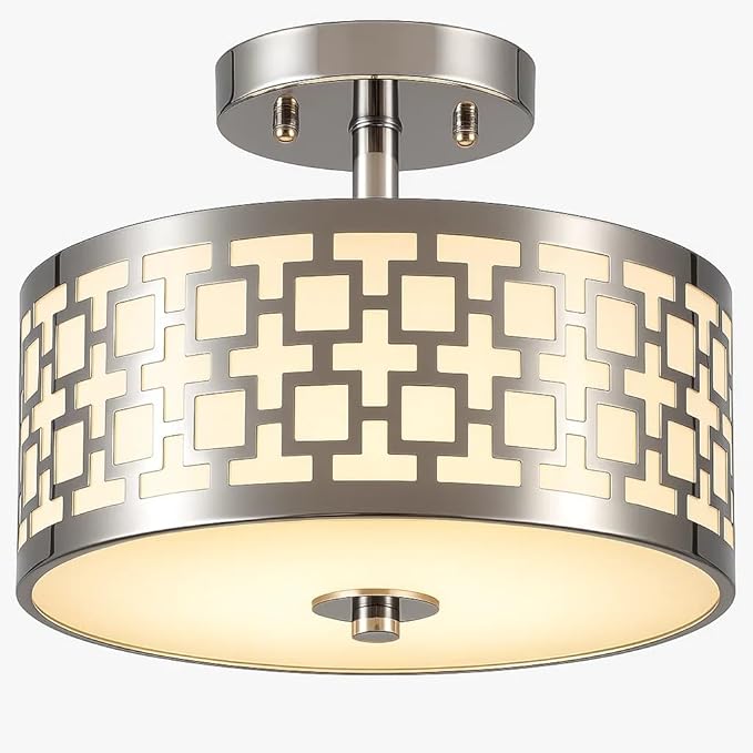 Semi Flush Mount Ceiling LED Light Fixture Hanging with Drum Shade for Dining & Living Room Kitchen Office Shop Entryway & Hallway Modern Chandelier Lamp Brushed Chrome Finish E26 Base
