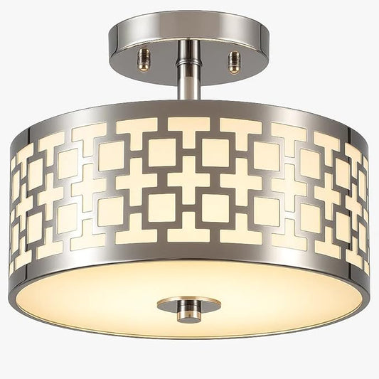 Semi Flush Mount Ceiling LED Light Fixture Hanging with Drum Shade for Dining & Living Room Kitchen Office Shop Entryway & Hallway Modern Chandelier Lamp Brushed Chrome Finish E26 Base
