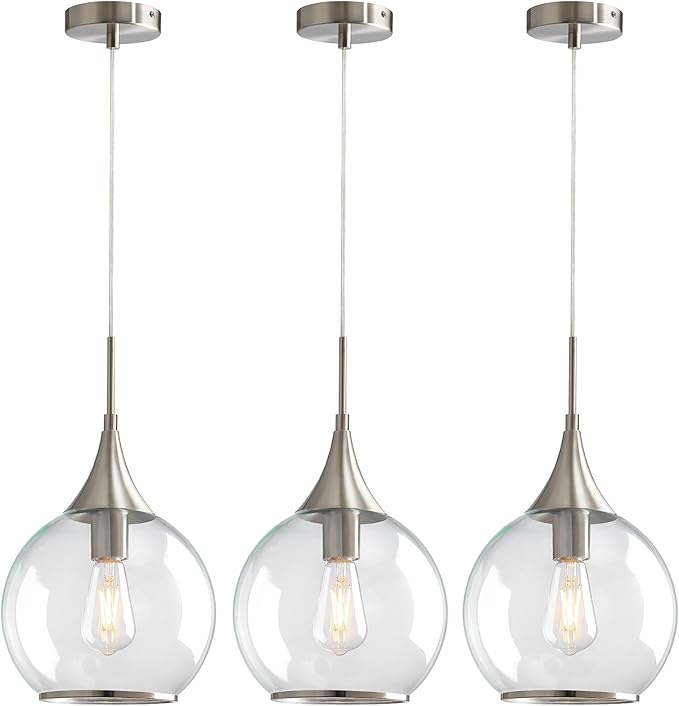 Pendant Lights Kitchen Island: 3 Pack Brushed Nickel Light Fixture Modern with Clear Glass - 10 Inch Mid Century Globe Kitchen Lighting Fixtures Ceiling for Bar