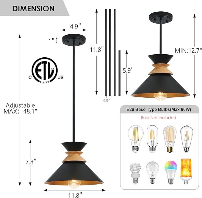 12 Inch Black Pendant Lights Kitchen Island Hanging Light Fixtures Adjustable Rod Height Pendant Lighting for Dining Room 1 Pack