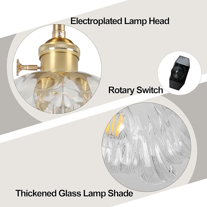 Plug in Pendant Light Fixtures,Hanging Light Fixture Flower Transparent Glass Pendant Light 11 inch E26 Pendant Lighting for Kitchen Island, Bedroom, Dining Room, Living Room