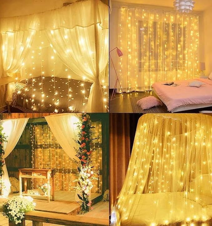 300 LED Curtain Light,3M*3M Fairy String Lights,Curtain String Lights for Party/Wedding/Festival/Christmas,Window Blinking String Light for Bedroom,Outdoor/Indoor,USB Plug with 8 Modes(Warm White)