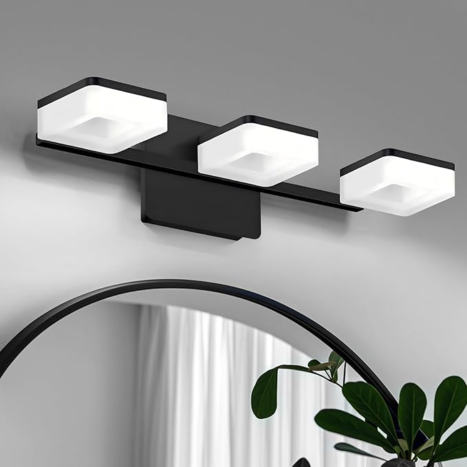 Black LED Bathroom Vanity Light, Modern Wall Lighting Fixtures, 3-Light Bathroom Lighting Fixtures Over Mirror, 360° Rotate Acrylic Matte Black Vanity Lights for Bathrooms