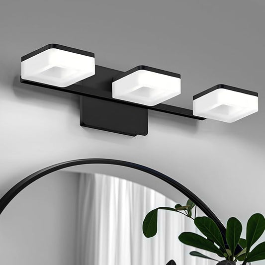 Black LED Bathroom Vanity Light, Modern Wall Lighting Fixtures, 3-Light Bathroom Lighting Fixtures Over Mirror, 360° Rotate Acrylic Matte Black Vanity Lights for Bathrooms