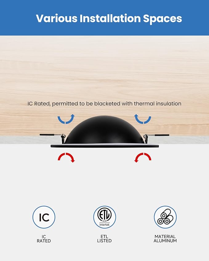 POPANU Recessed Lighting 6 inch - 12W Gimbal Light Eyeball Sloped Ceiling Recessed Spotlight 1300lm Black Trim 90° Tilt Swivel Soffit Wafer Lights 5CCT Adjustable Indoor Dimmable Black 6 inch 6 Pack