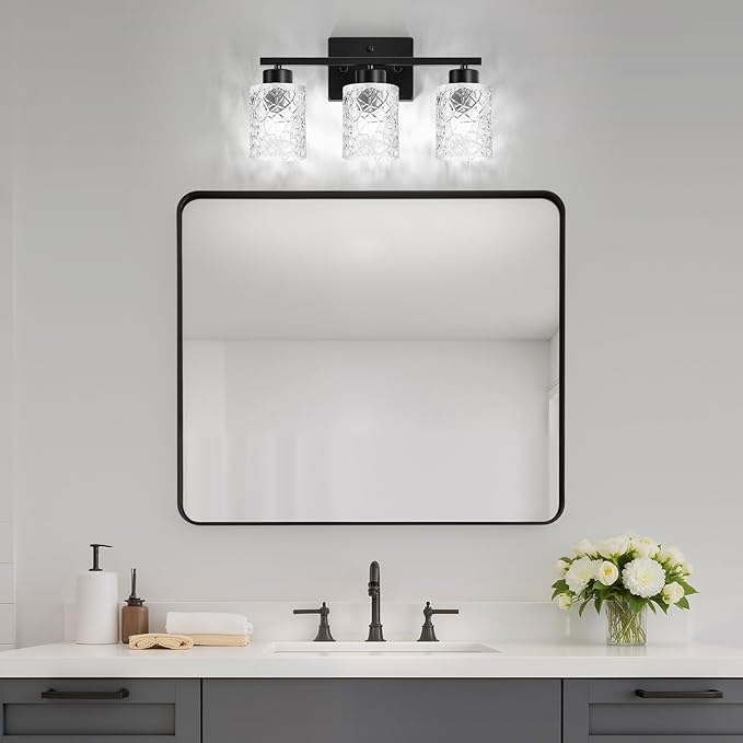 Black Bathroom Light Fixtures, 3-Light Modern Bathroom Vanity Wall Light, Vanity Lights for Mirror, Wall Sconces with Clear Textured Glass (E26 Socket, Bulbs Not Included)