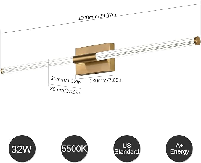 Modern LED Vanity Light, 360° Full Lighting Bathroom Light Fixture Over Mirror, 32W 5500K Cool White, Hardwired Wall Sconce, 40 Inch, Brass