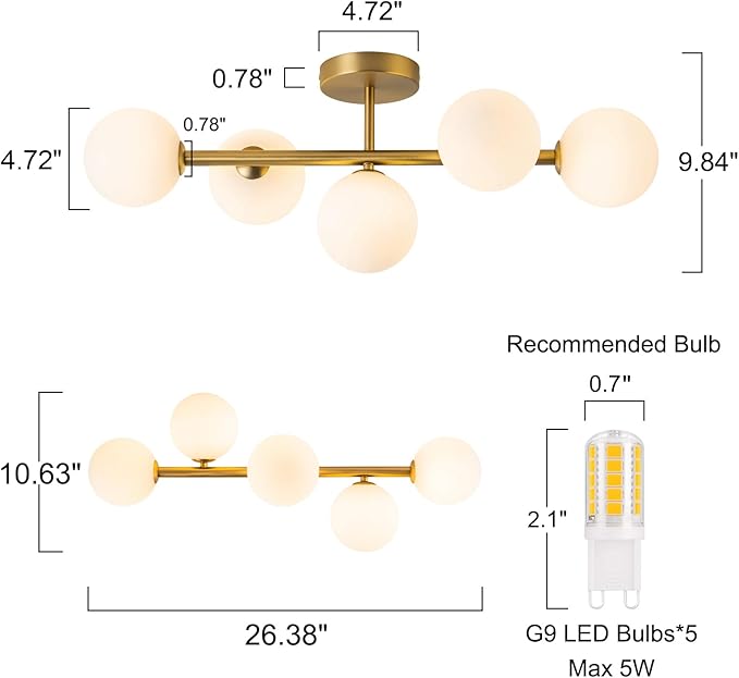 EDISLIVE 5-Light Semi Flush Mount Ceiling Light Frosted Globe, 26.4 in Modern Brass Sputnik Light Fixture Chandeliers with Milk Glass Shade Gold Finished