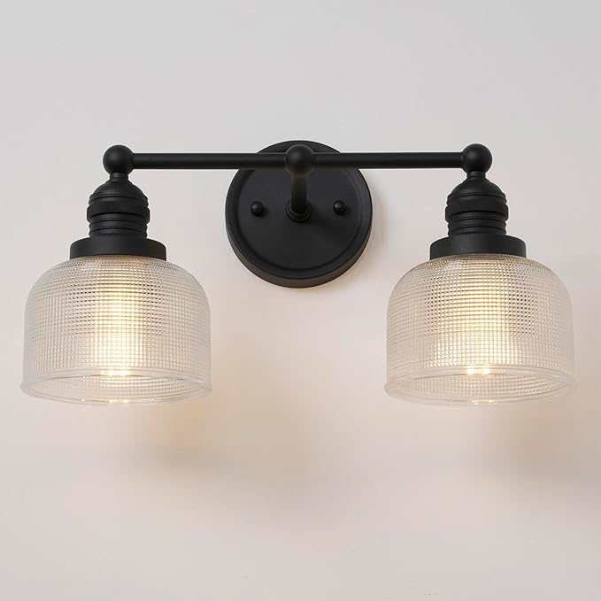 2-Light Vintage Wall Sconces,Double Black Bathroom Vanity Light with Clear Corrugated Glass Shade Hardwire Indoor Wall Sconce Lights Lamp for Bathroom Mirror Living Room Bedroom Kitchen