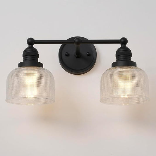 2-Light Vintage Wall Sconces,Double Black Bathroom Vanity Light with Clear Corrugated Glass Shade Hardwire Indoor Wall Sconce Lights Lamp for Bathroom Mirror Living Room Bedroom Kitchen