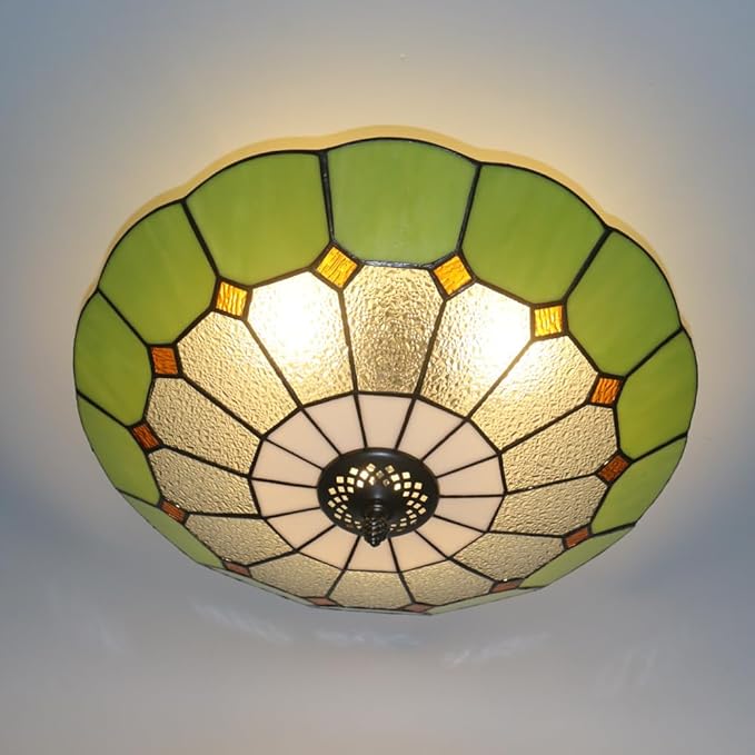 Tiffany Style Ceiling Light 16 Inch 3-Lights Stained Glass Flush Mount Ceiling Light for Bedroom Dining Room Living Room