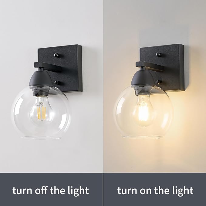 Bathroom Light Fixtures, 1-Light Matte Black Vanity Light with Hand-Blown Globe Glass Shade, High Clarity & Durable, Wall Sconce for Mirror, Kitchen, Bedroom, Hallway-2P