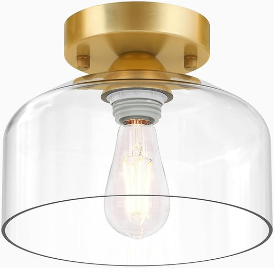 LACCEN Semi Flush Mount Ceiling Light Brushed Gold - Clear Glass Pendant Lamp Shade, Modern Farmhouse Light Fixture for Hallway Corridor Kitchen Entryway Bedroom, Bulb Not Included
