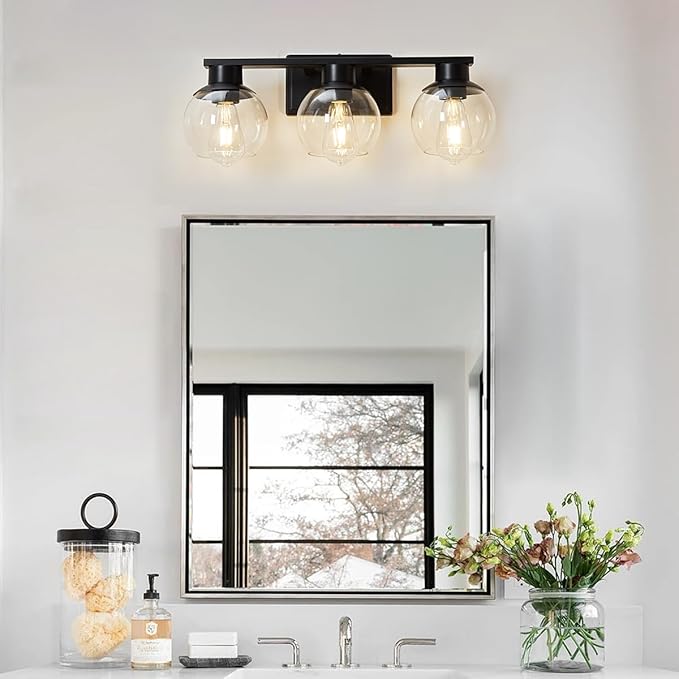 3-Lights Black Bathroom Vanity Lights, Modern Bathroom Lighting Fixtures with Globe Glass Shade, 22in Matte Black Wall lamp for Bath Over Mirror Kitchen Cabinet Living room Hallway Bedroom Porch