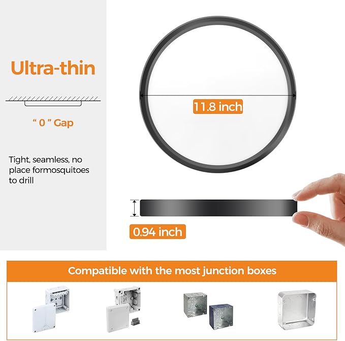 1PACK LED Flush Mount Ceiling Light Fixture, 3000K-4000K-6500K & 100W Equivalent Modern Kitchen Ceiling Lamp 24W 3200Lm 12 Inch Closet Round Surface for Bathroom Laundry Bedroom Hallway, Black
