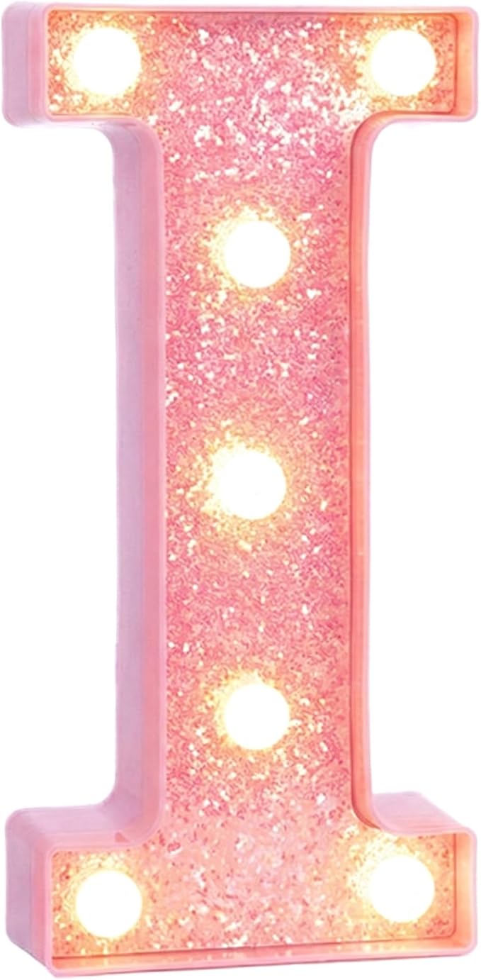 Pink Marquee Light Up Letters, Glitter Alphabet LED Letter Lights for Pink Birthday Party Decorations, Battery Operated Letter Sign for Girls Room Vanity Table Decor, Warm White Lights Letter I