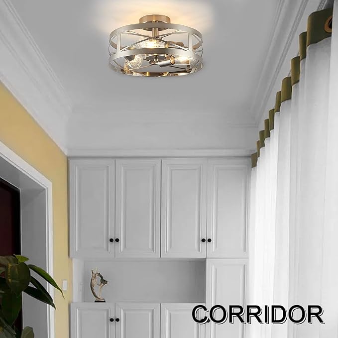 Modern 3-Light Semi-Flush Mount Ceiling Light 13 Inches Round Lighting Fixtures for Kitchen Island Dining Room Bedroom Farmhouse Foyer Hallway Front Door, Brushed Nickel Finish