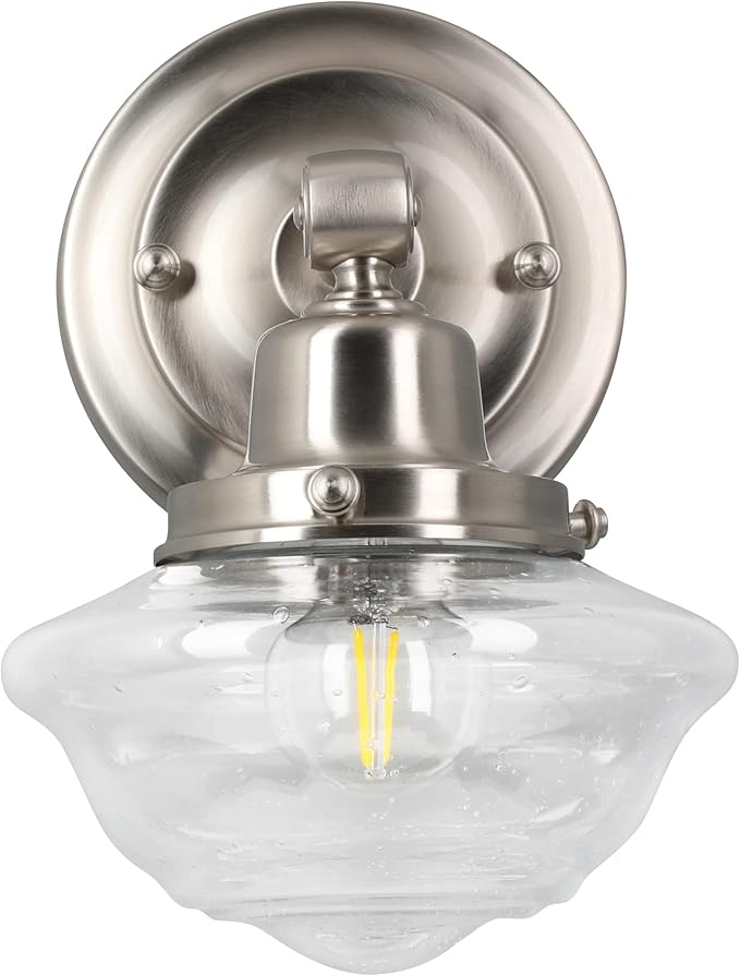 Design House Vintage-Inspired Schoolhouse Wall Sconce, 6.625 in x 7.625 in x 9.5 in, Satin Nickel, Clear Seeded Glass Shade, 589127-SN