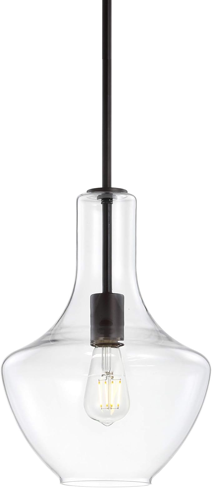 JONATHAN Y 10.5" Oil Rubbed Bronze/Clear Mid-Century Modern 1-Light LED Pendant Light Fixture, Adjustable Schoolhouse Hanging Lamp for Kitchen Island, Clear Glass Shade, LED Bulb Included (JYL6400B)