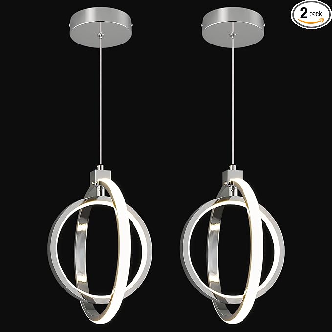 Modern LED Chandelier Chrome Ring Pendant Light Fixtures 4000K Dimmable Height Adjustable Pendant Lighting for Dining Room Kitchen Island Bedroom Living Room Foyer（2-Pack）…