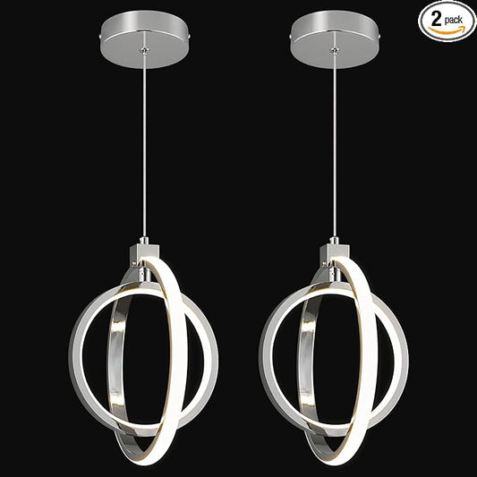 Modern LED Chandelier Chrome Ring Pendant Light Fixtures 4000K Dimmable Height Adjustable Pendant Lighting for Dining Room Kitchen Island Bedroom Living Room Foyer（2-Pack）…