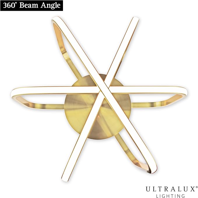 Ultralux 15 inch Modern Brushed Gold Atom Ceiling Light Fixtures, Bright and TRIAC Dimmable, 2050 Lumens 3000K, Integrated LED Light Fixture for Living Room or Kitchen LED Flush Mount Ceiling Light