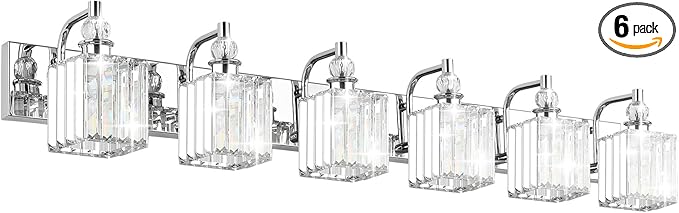 Ralbay Crystal Vanity Light 6 Light 48''Modern Chrome Bathroom Vanity Lighting Over Long Mirror Crystal Bathroom Wall Lighting Fixtures