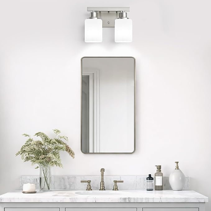 2 Light Brushed Nickel Vanity Light,Brushed Nickel Vanity Lights for Bathroom,Bathroom Light Fixtures Over Mirror,Wall Sconces for Living Room,Bedroom,Hallway(E26 Base)