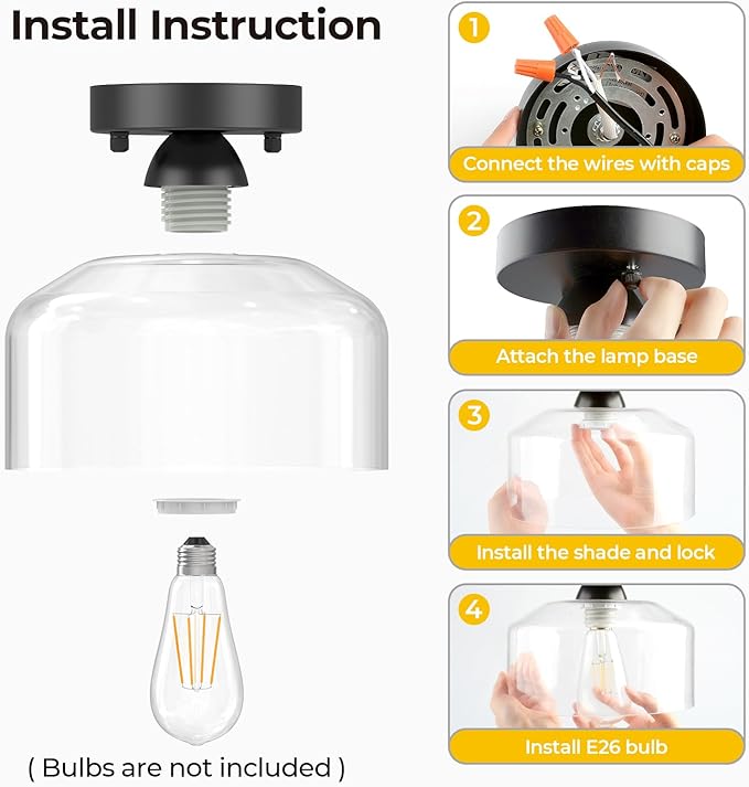 LACCEN Semi Flush Mount Ceiling Light - Clear Glass Pendant Lamp Shade, Matte Black Finish, Modern Farmhouse Light Fixture for Hallway Corridor Kitchen Entryway Bedroom, Bulb Not Included