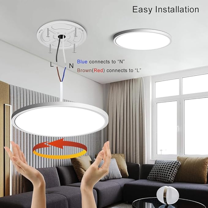 12 Inch LED Flush Mount Ceiling Light Fixture, 5000K Daylight White, 24W(240W Equivalent), 3200LM, Slim Modern Ceiling Lamp, Flat Round Ceiling Lighting for Bedroom Hallway Kitchen