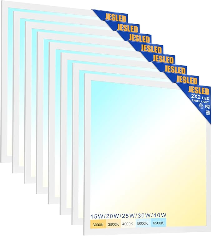 JESLED 8Pack 2x2 led Flat Panel Light, 6000LM, Drop Ceiling Lights Fixture for Office Kitchen Basement Laundry, 15W/20W/25W/30W/40W Selectable, 5CCT Switchable, 0-10V Dimmable, DLC ETL Listed