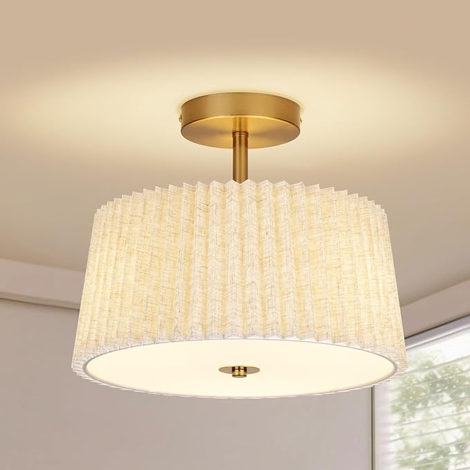 13 Inch Linen Pleated Semi Flush Mount Ceiling Light Fixture, Modern Cone Drum Dimmable Lamp for Bedroom, Kitchen, Dining Room, Hallway, Nursery, Entryway, Foyer Lighting, Gold