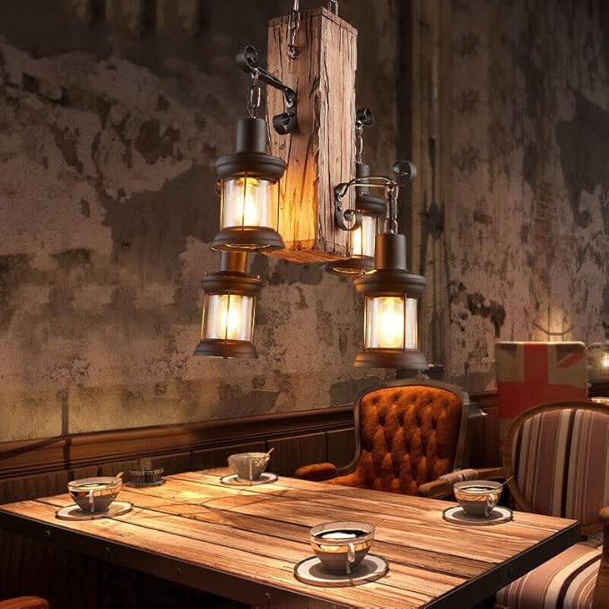 4 Lights Wooden Hanging Pendant Light, Industrial Vintage Wood Ceiling Light Hanging, Retro Rustic Country Chandelier Dinning Table Lamp Suspension Lighting Fixture for Coffee Shop Restaurant