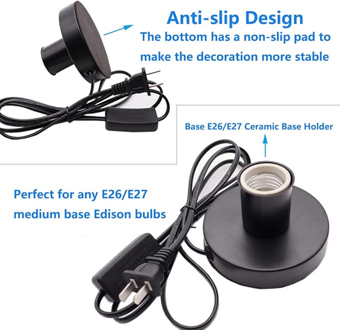 Industrial Table Lamp Base,Small Polished Metal Desktop Light Sockets Base Only,Vintage E26/E27 Edison Screw Light Bulb Holder Base,with 6ft Cord Switch Plug Bulb Base Holder（Black）
